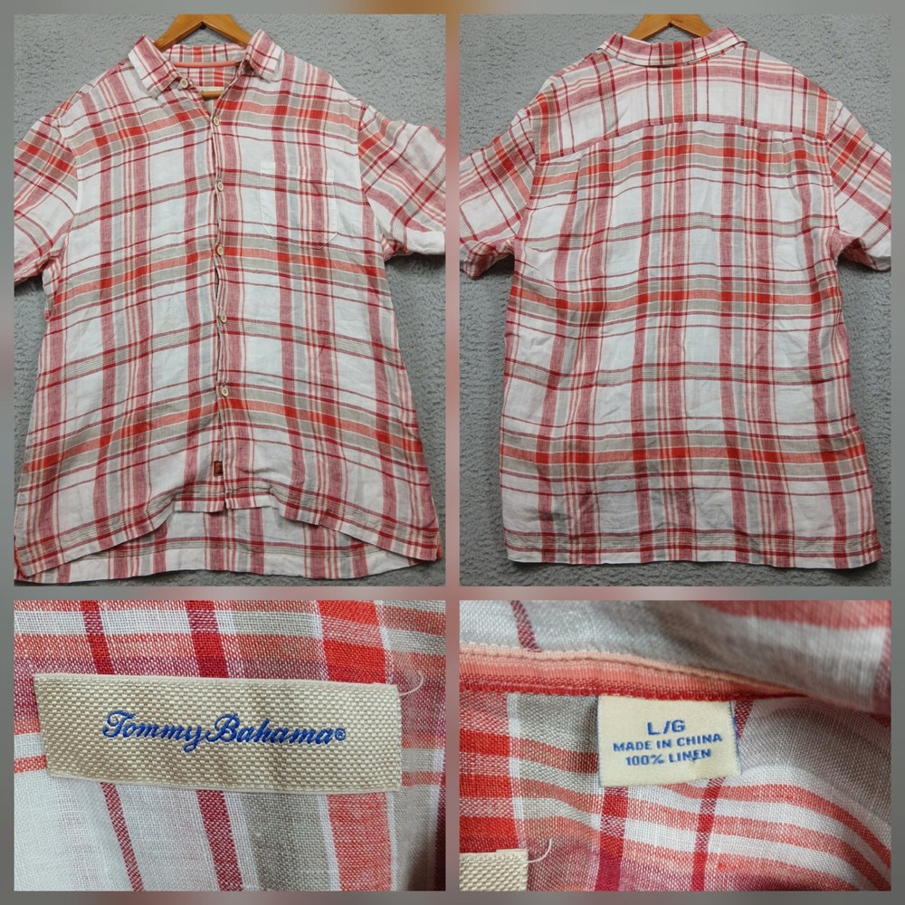 Tommy Bahama Linen Shirt Men's Large Red White Plaid Short‎ Sleeve